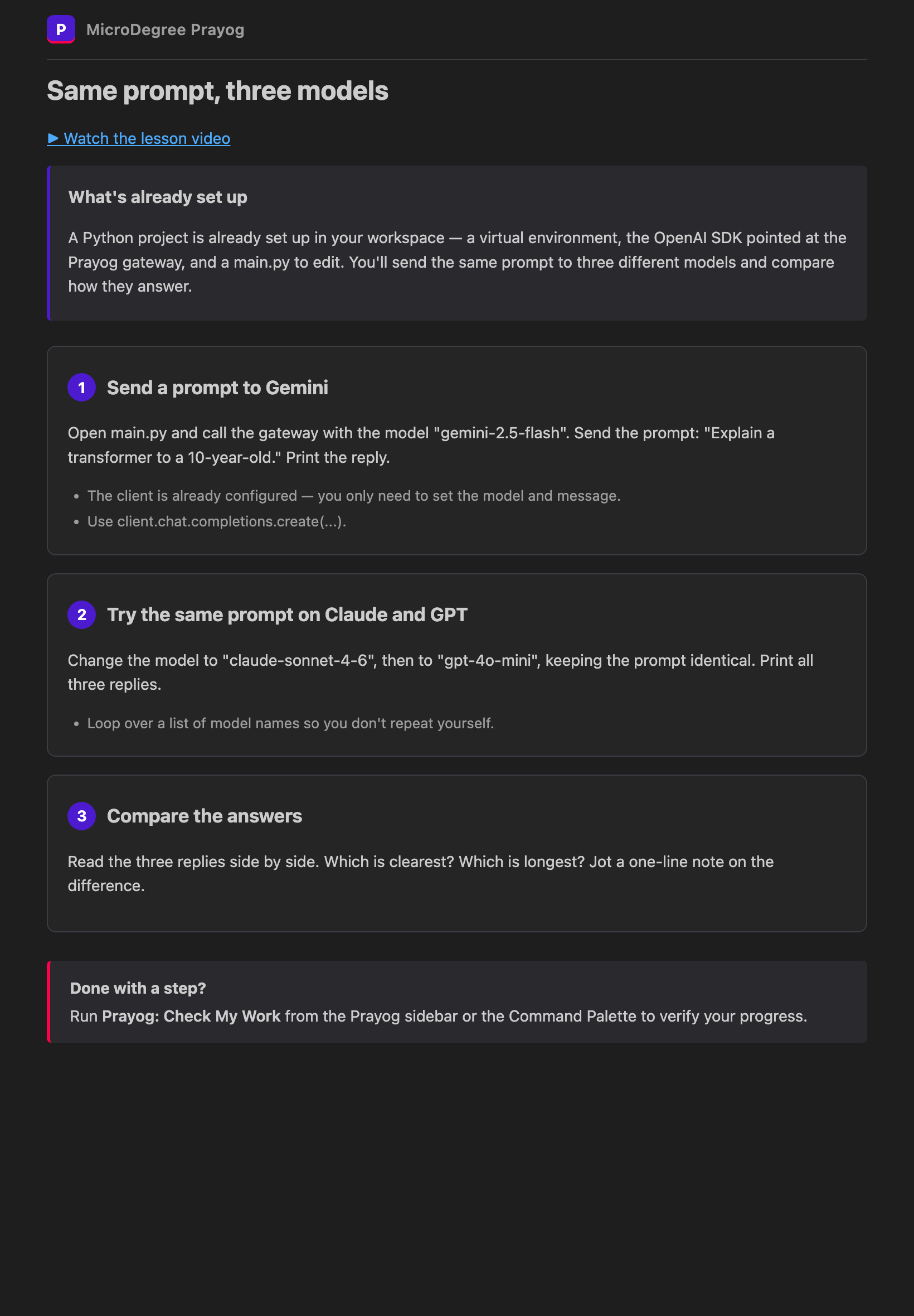 The Prayog exercise guidance panel, with step-by-step cards inside VS Code