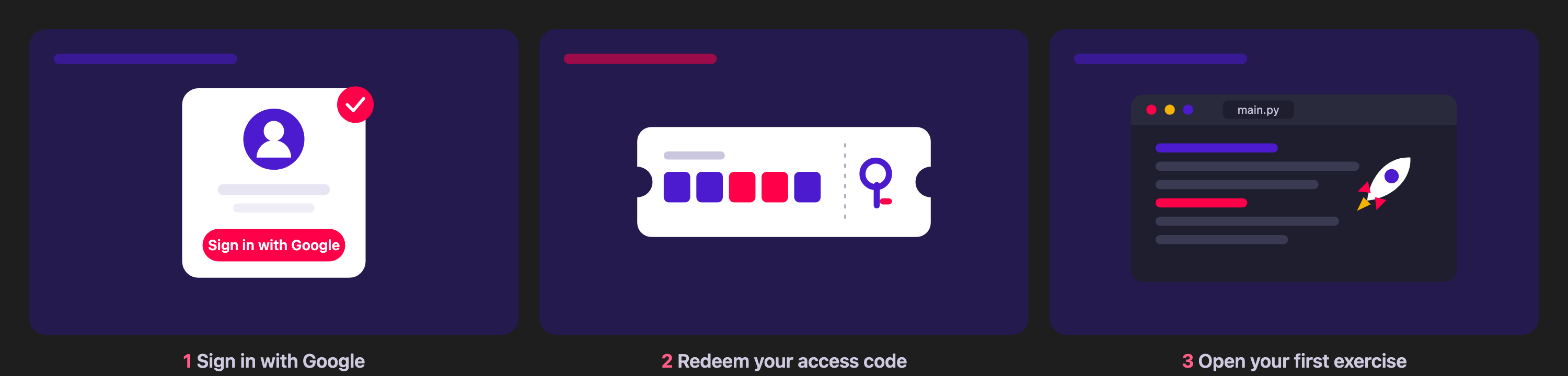 Sign in with Google, redeem your access code, open your first exercise